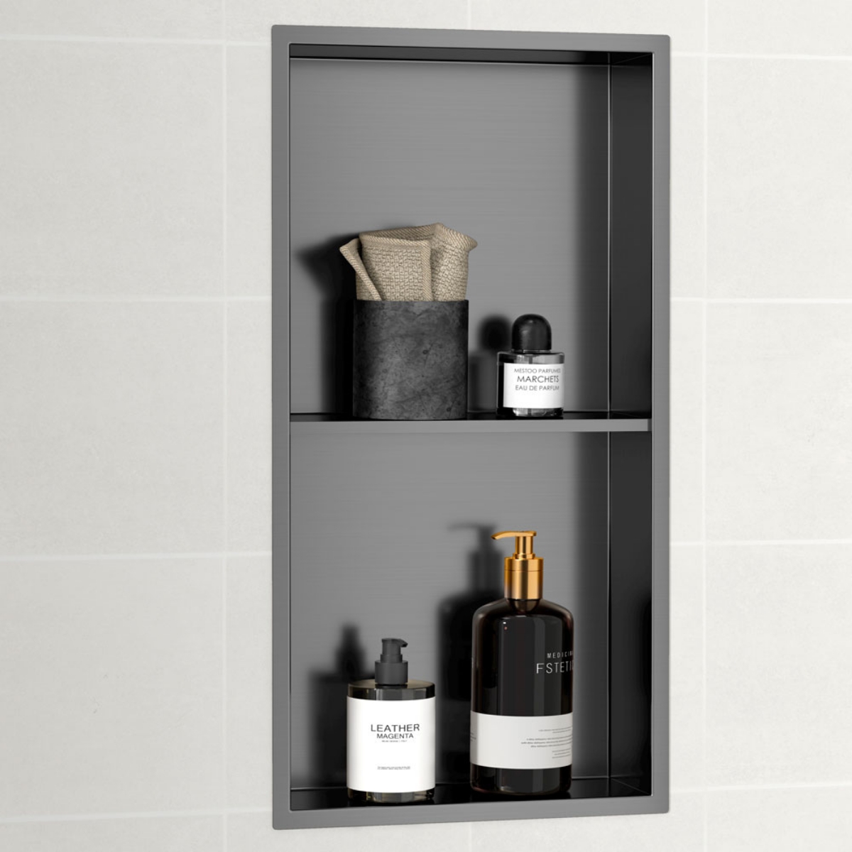 Imagen de Hornacina de Ducha 30x60x10 Vertical Gun Metal PVD AISI 304 con 2 Estantes