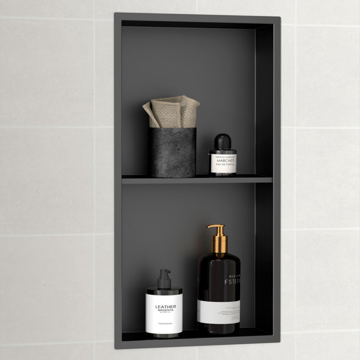 Imagem de Nicho de Duche 30x60x10 Vertical Preto Mate AISI 304 com 2 Prateleiras para Embutir