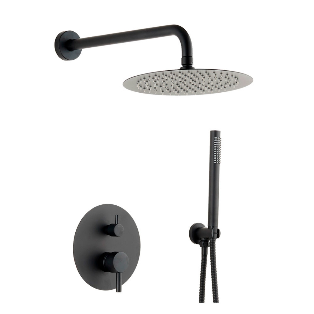 Imagen de Conjunto de ducha empotrado negro mate con monomando y rociador Ø25 cm
