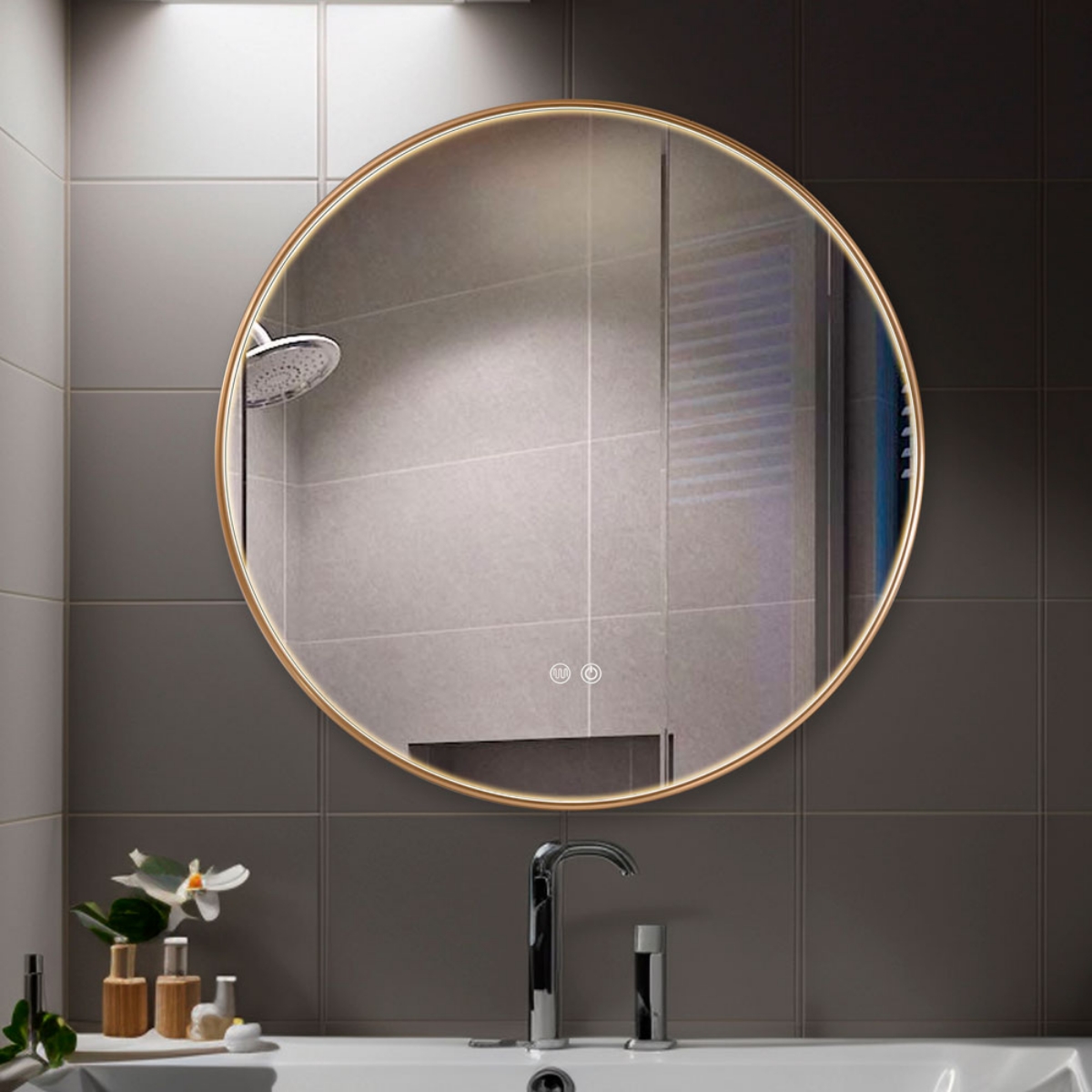 Imagem de Espelho LED Redondo com Moldura Dourada, Luz Frontal e Desembaciador