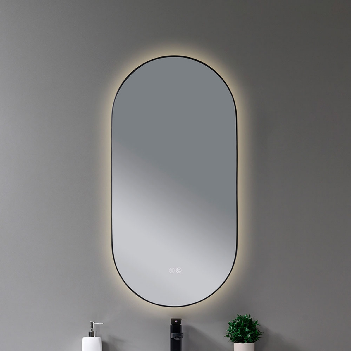 Imagen de Espejo LED Ovalado 100x50cm, Marco Negro, Desempañador y Tonalidad Ajustable