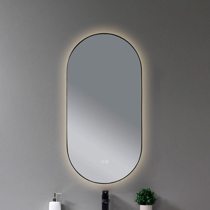 Imagem de Espelho LED Oval 100x50cm, Moldura Preta, Desembaciador e Tonalidades Ajustáveis