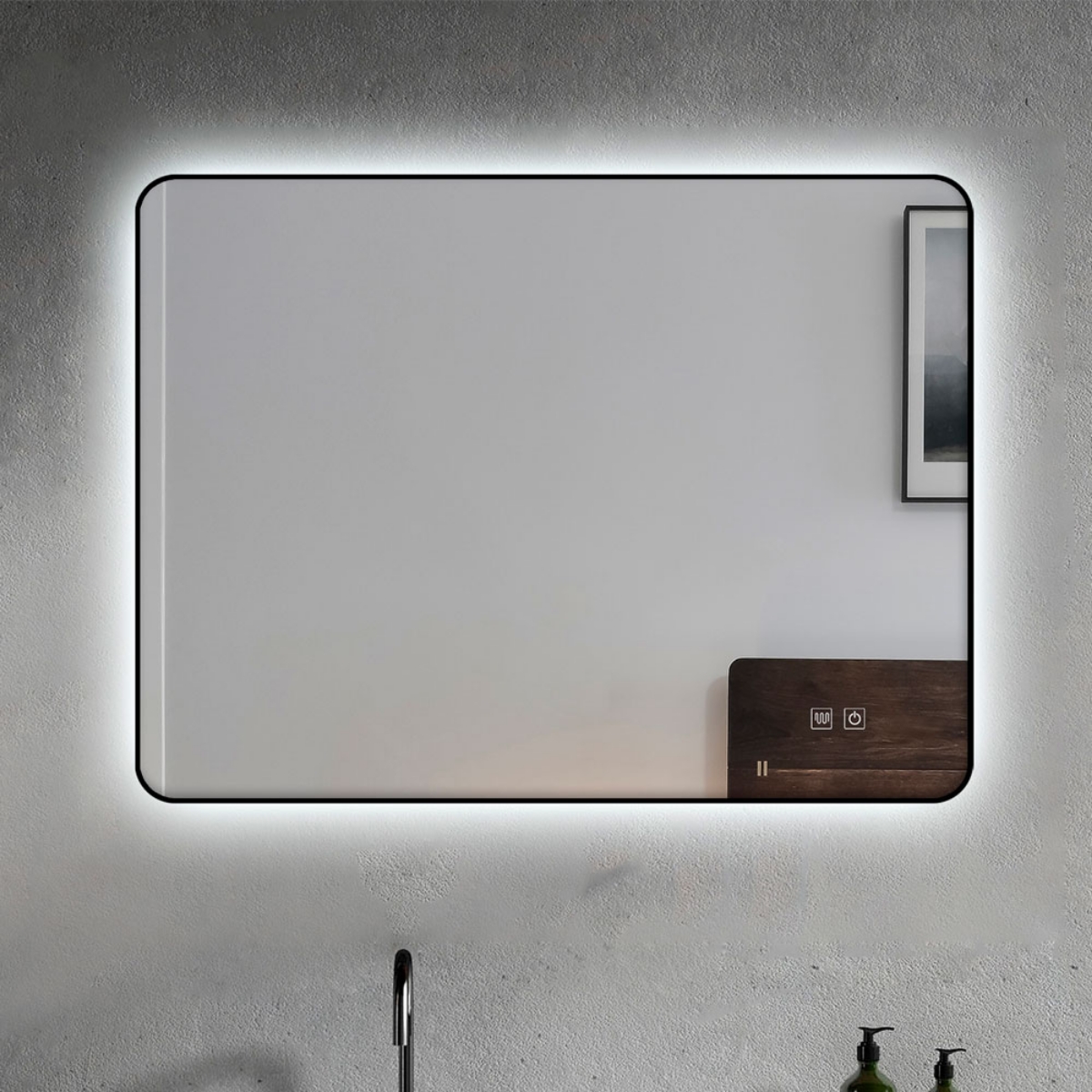 Imagen de Espejo LED Rectangular, Marco Negro 80x60, Antivaho y Luz Regulable