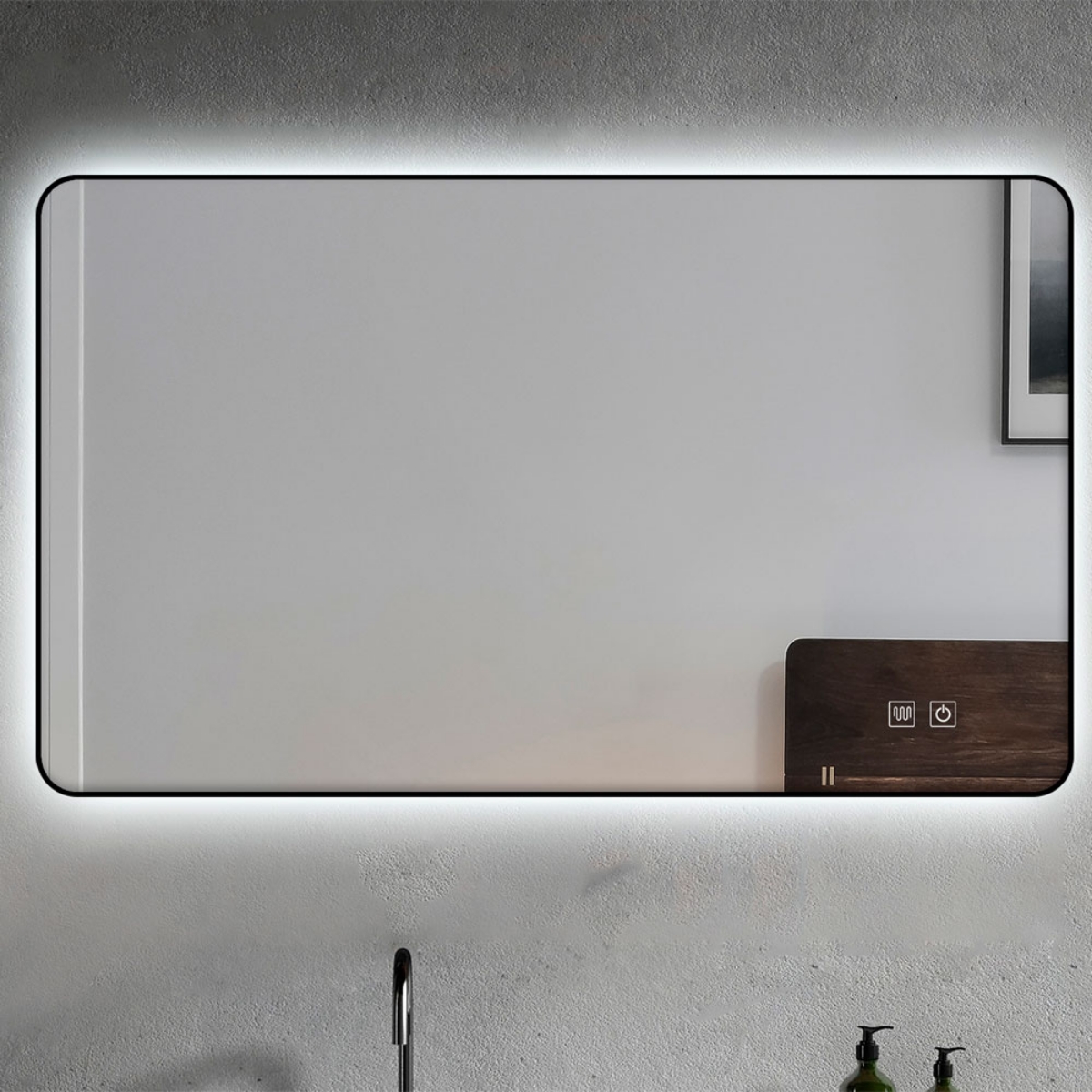 Imagem de Espelho LED Retangular 100x60 cm com Moldura Preta, Luz Retroprojetada e Desembaciador
